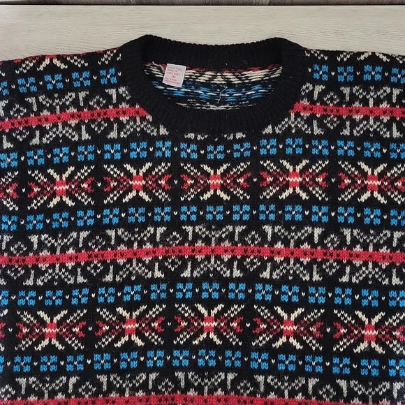 🛍Vintage Mens M Wool Fair‎ Isle Long Sleeve Crew Neck Sweater 80s 90s Warm - Picture 3 of 6